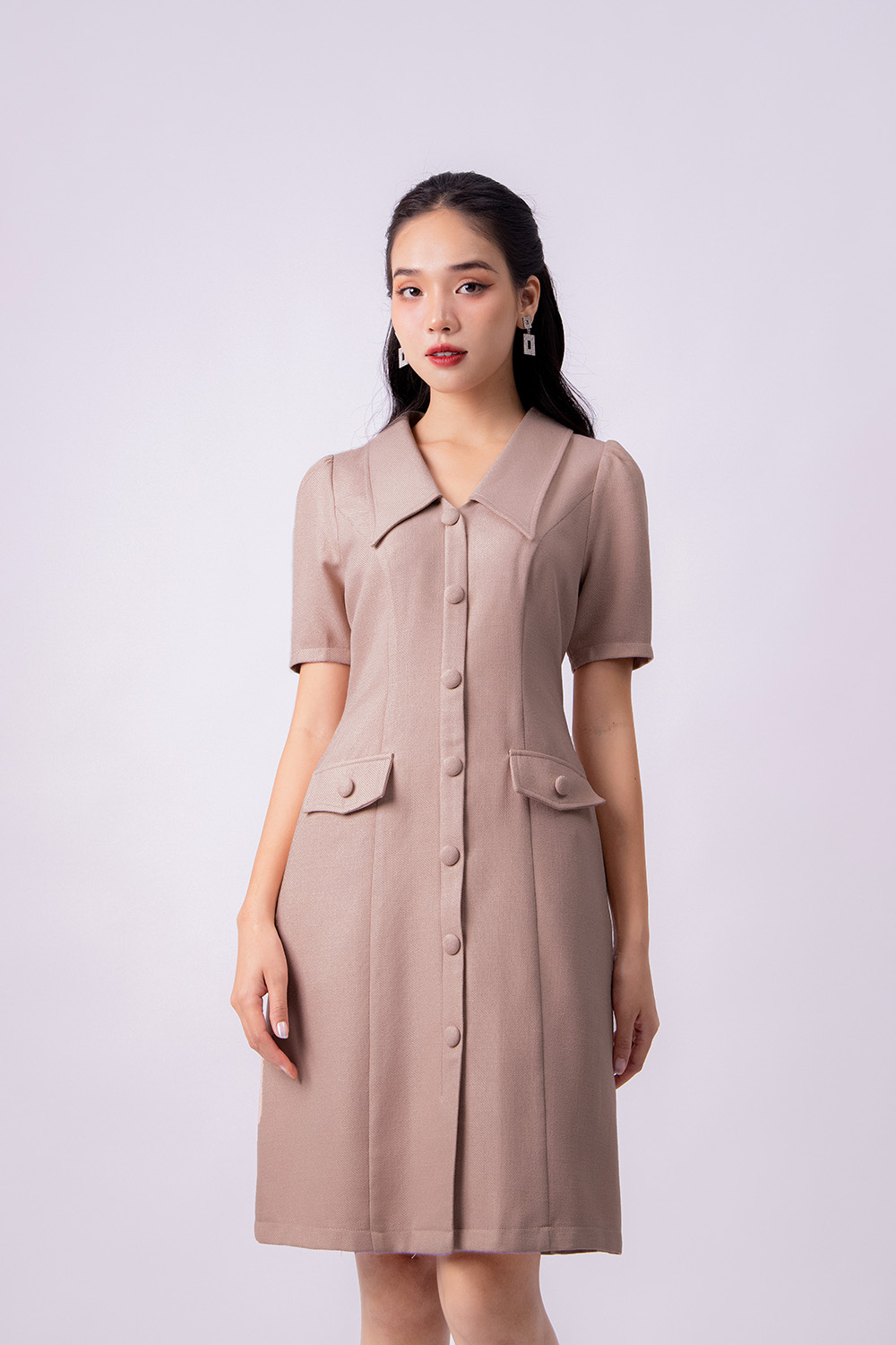 Đầm sơ mi công sở phối túi giả