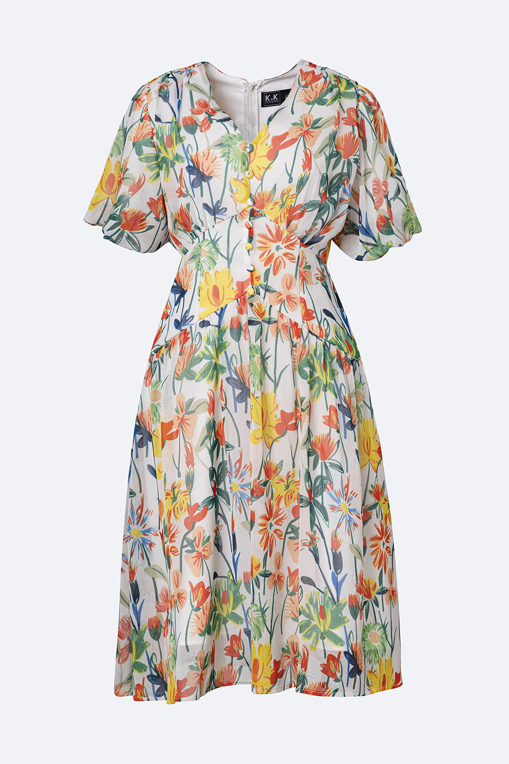 Đầm hoa dáng xòe cổ V tay phồng