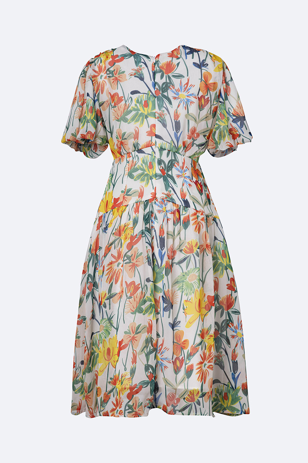 Đầm hoa dáng xòe cổ V tay phồng