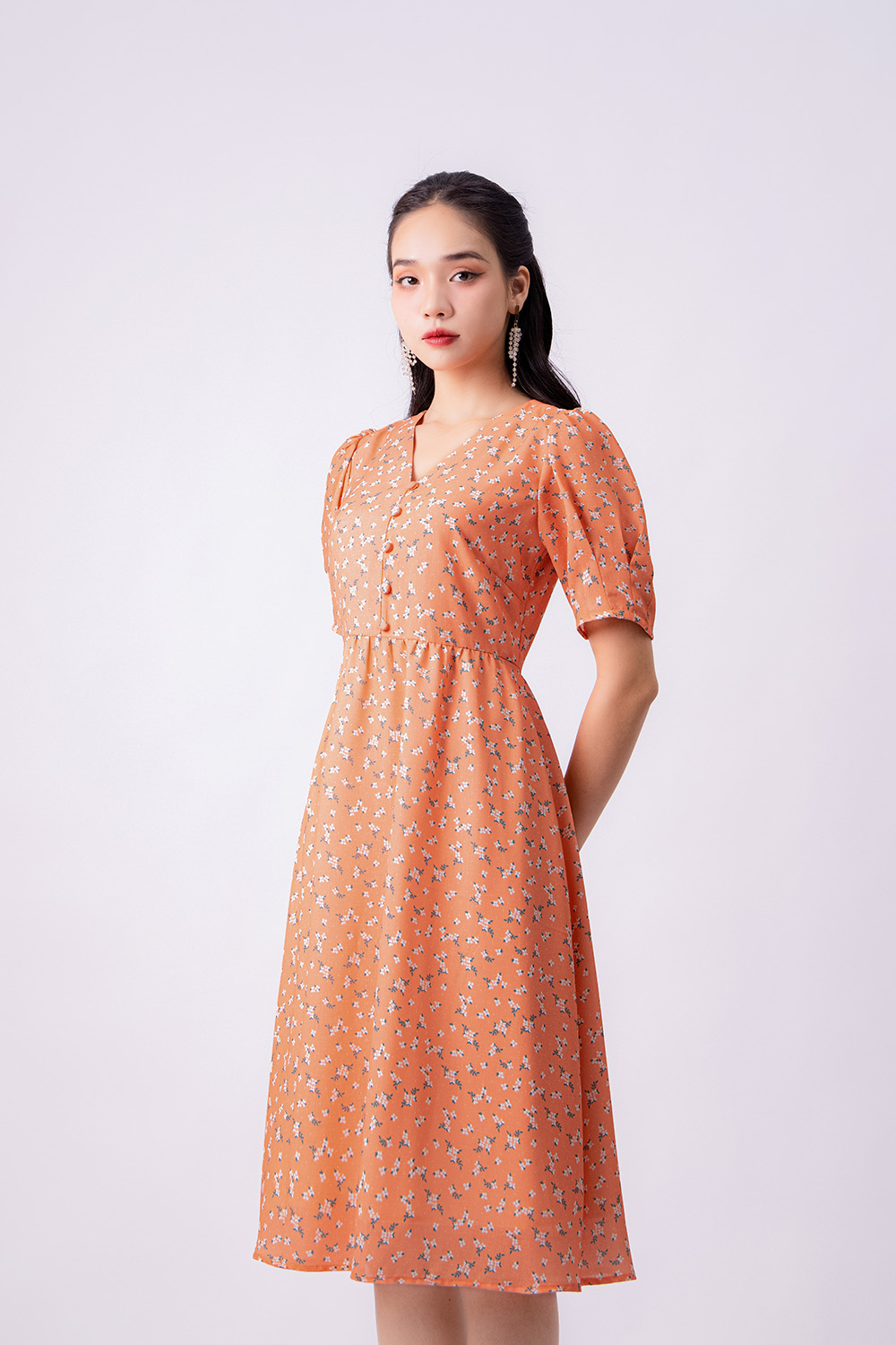 Đầm xòe hoa nhí dáng dài KK119-37 | Thời trang công sở K&K Fashion