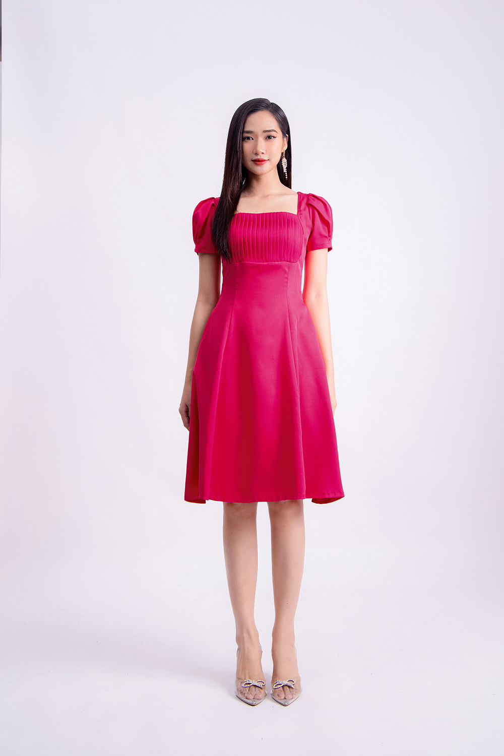 Đầm xòe tay phồng ngực xếp ly