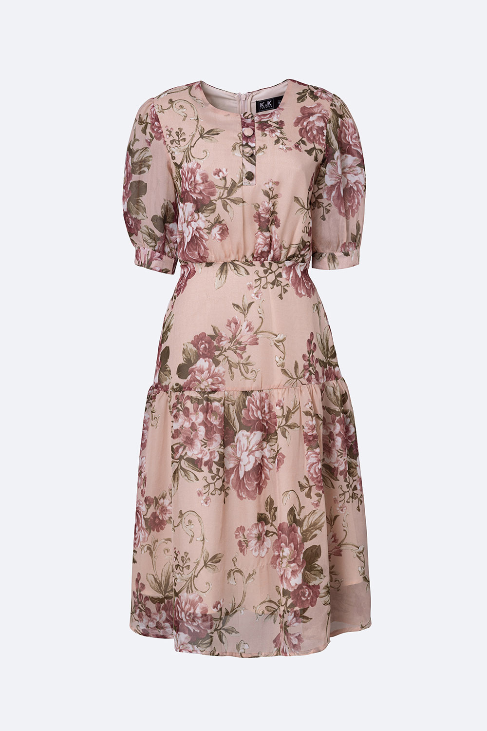 Đầm xòe nhấn eo họa tiết hoa tay lỡ