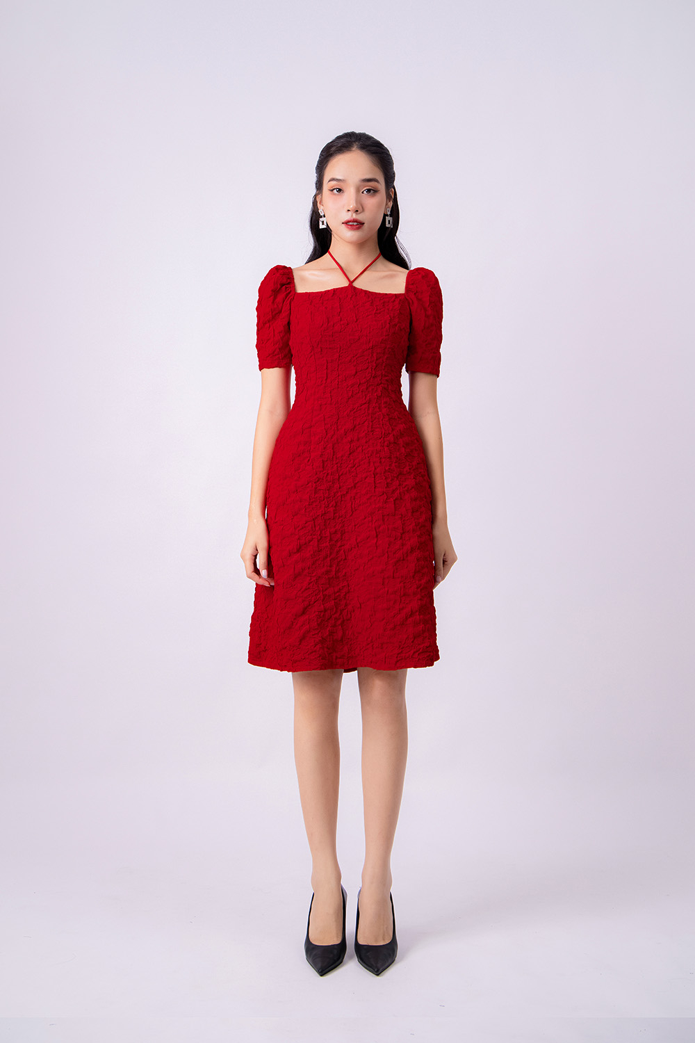 Đầm đỏ dự tiệc chữ A cổ phối dây nơ