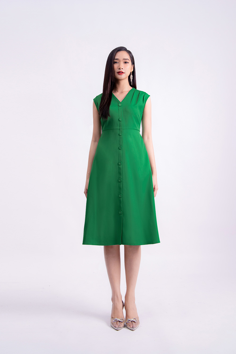 Đầm xanh dự tiệc dáng dài sát nách