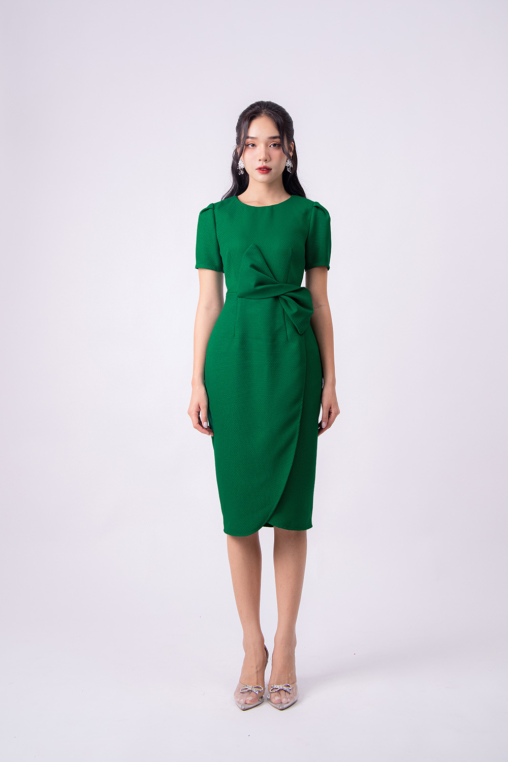 Đầm ôm dự tiệc tùng đắp chéo eo đính nơ