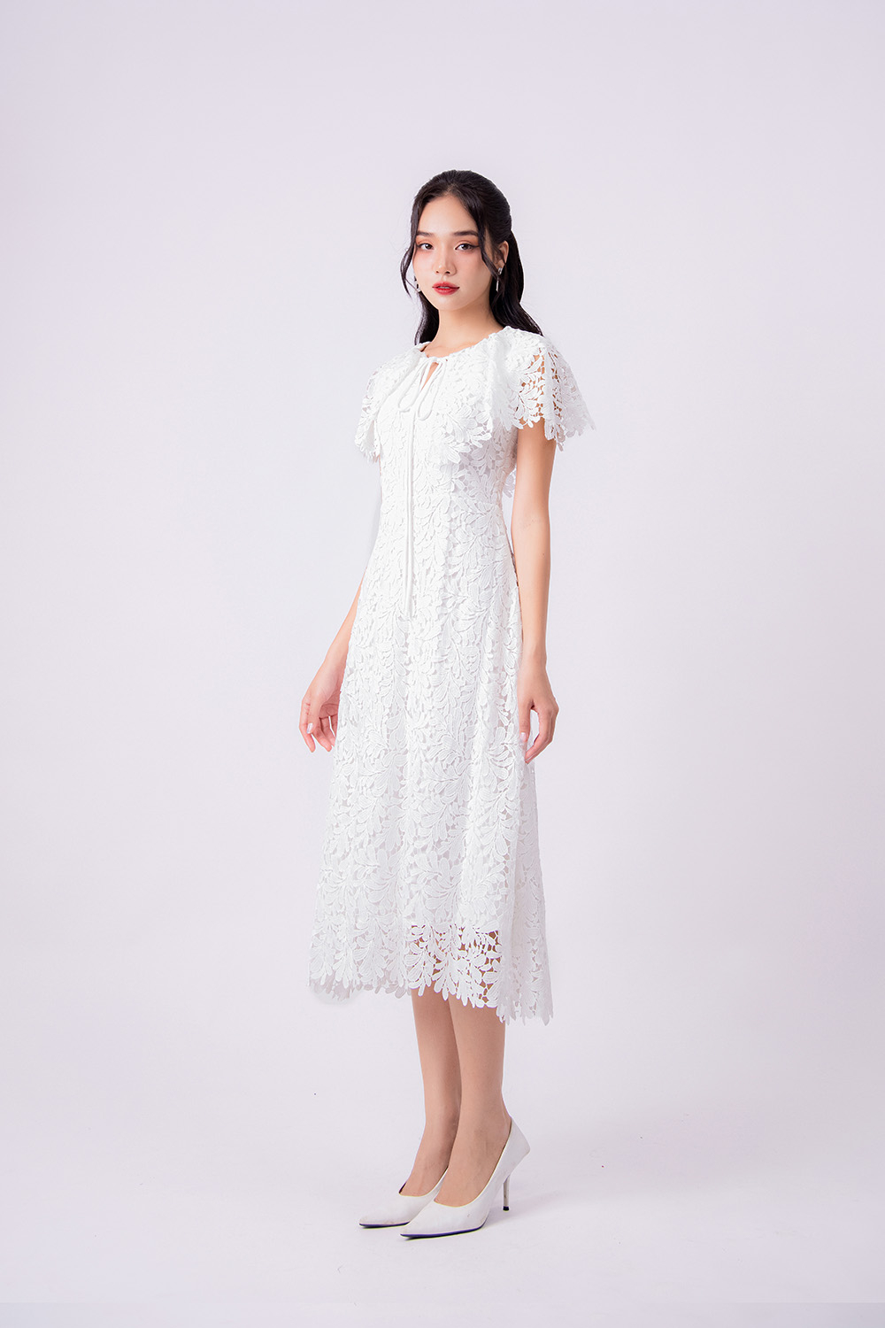 Đầm xòe trắng eo cao cổ V HL16-17 | Thời trang công sở K&K Fashion
