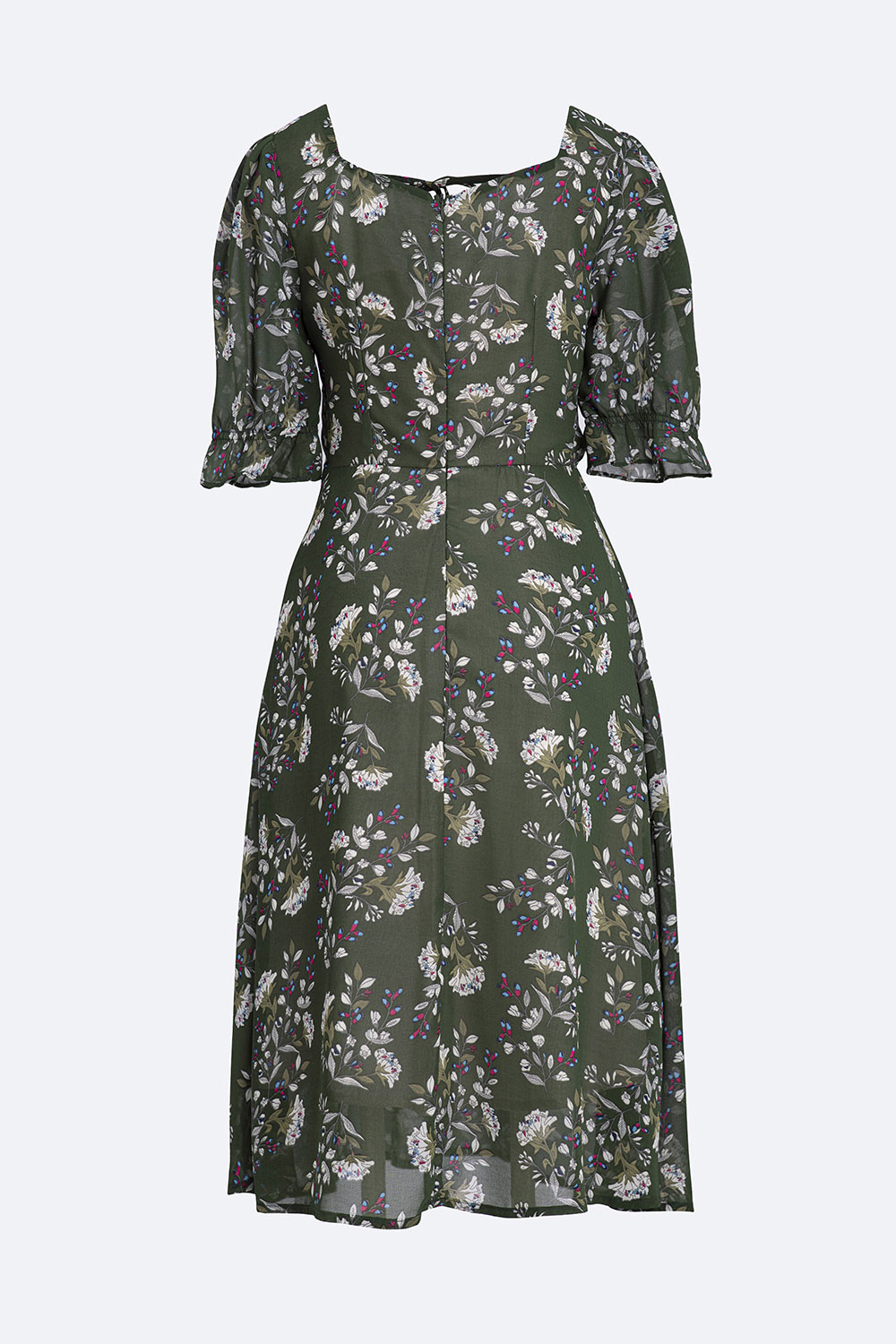 Đầm hoa dáng xòe cổ vuông phối nơ