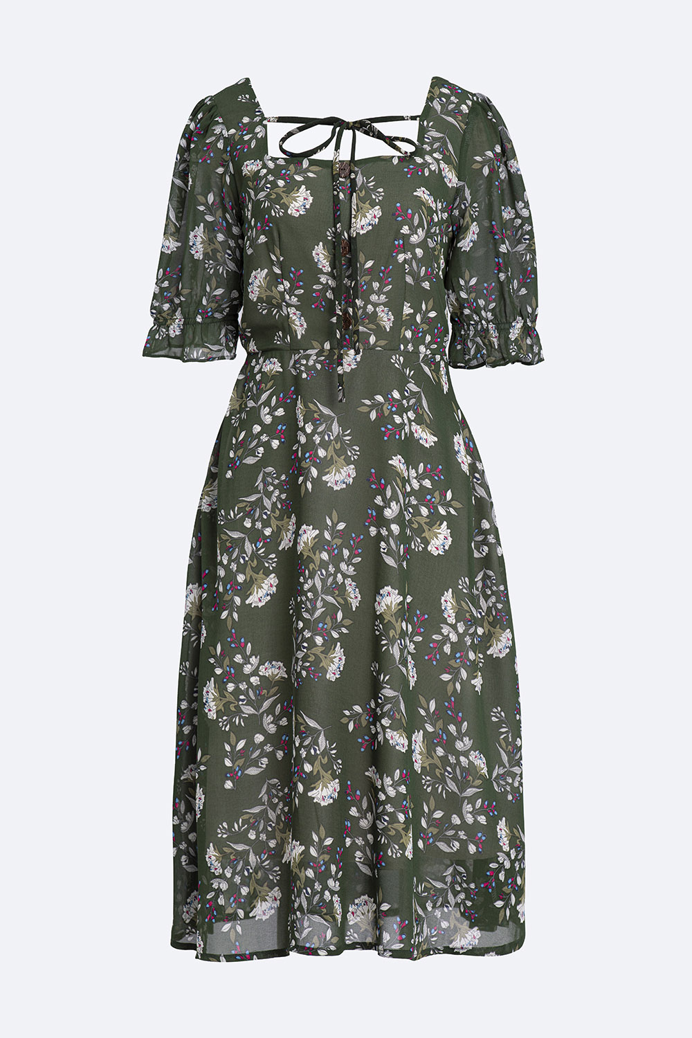 Đầm hoa dáng xòe cổ vuông phối nơ