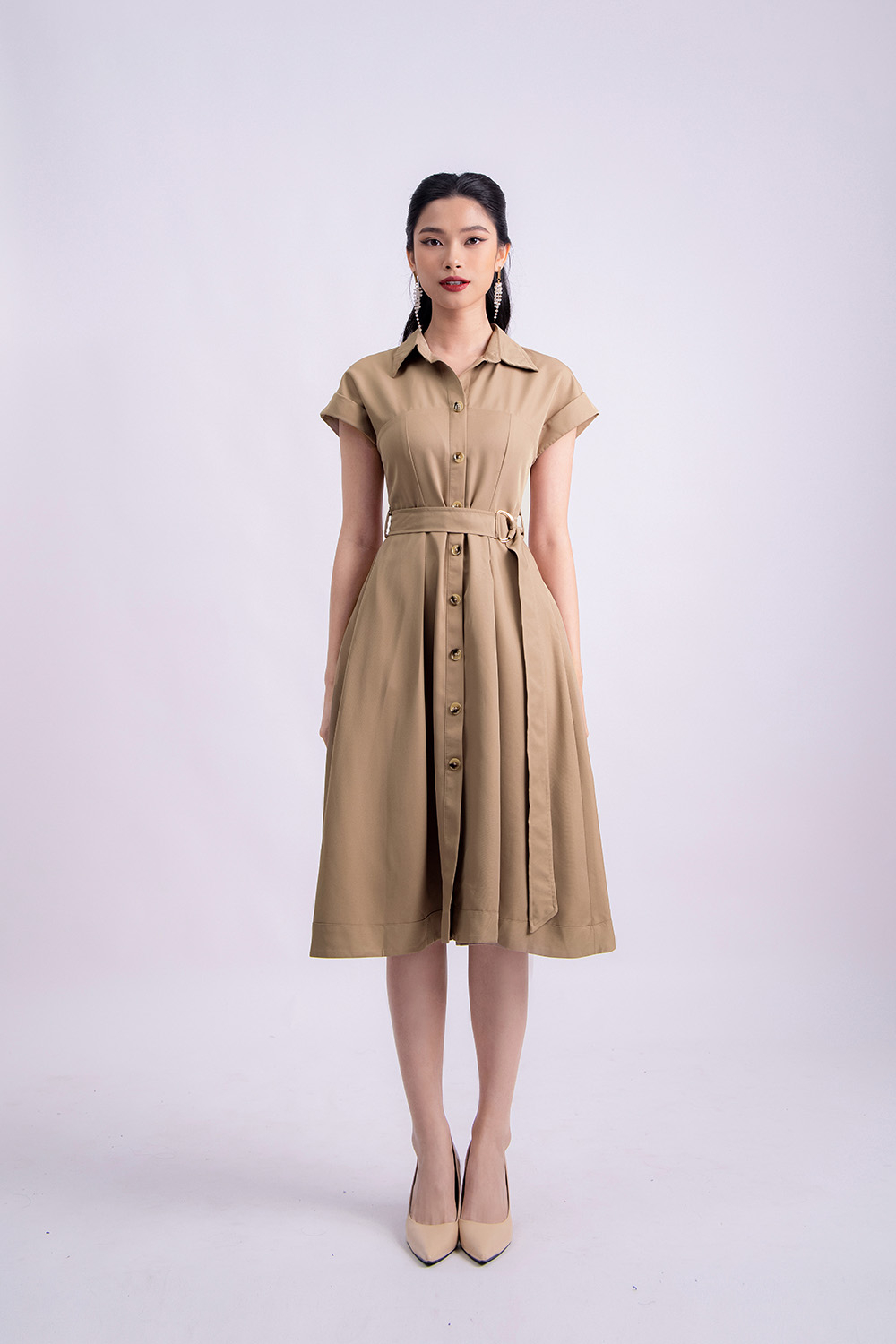 Đầm xòe sơ mi công sở phối đai eo