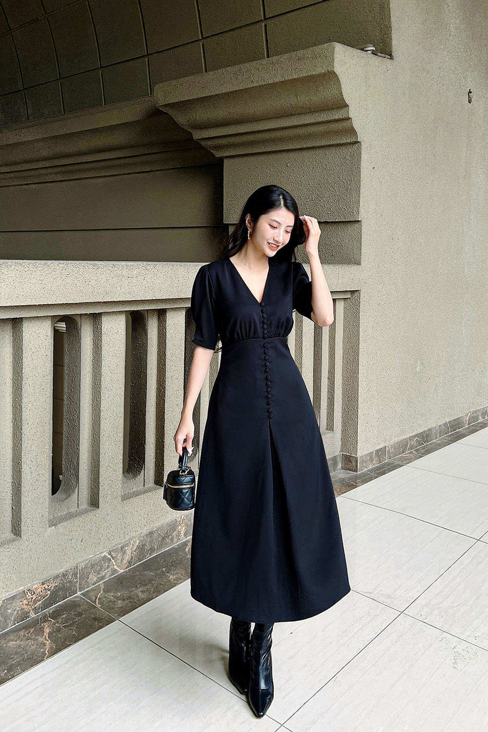 Váy Len Bầu Thu Đông Dáng Dài Botton Dress | Co Giãn Thoải Mái – L'AMME