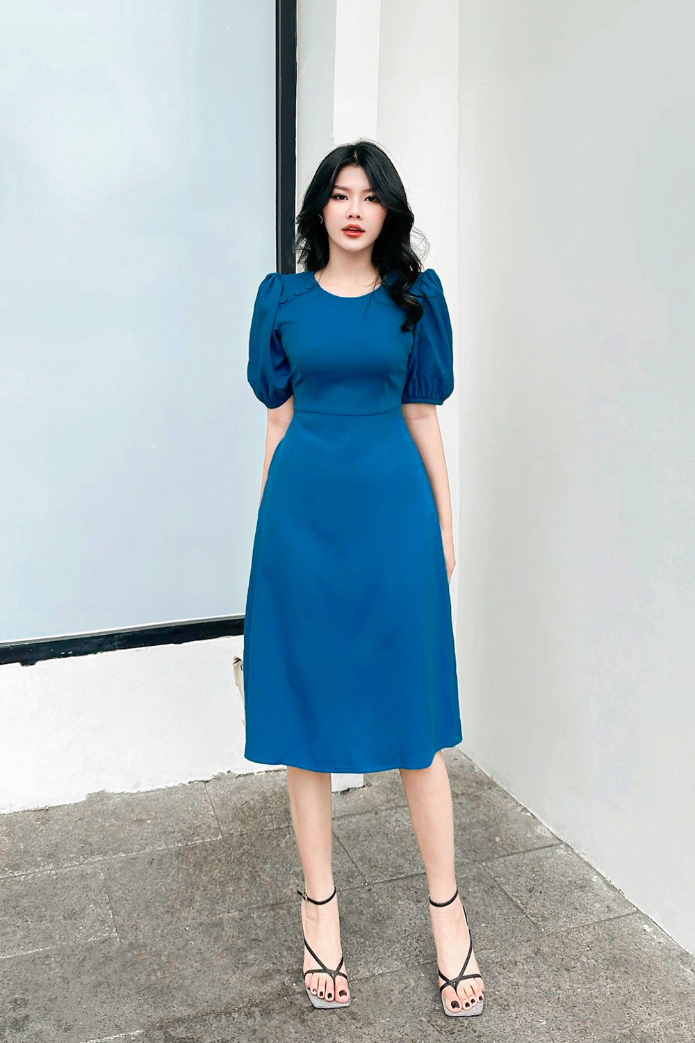 Đầm công sở nữ dáng chữ A tay phồng