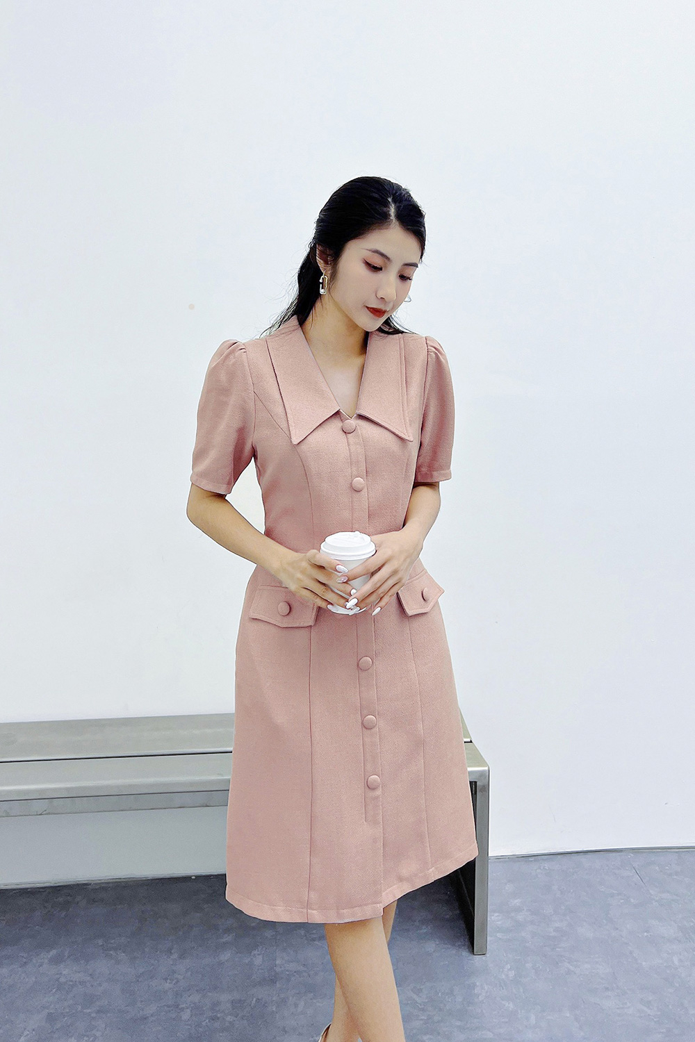 Đầm sơ mi công sở phối túi giả