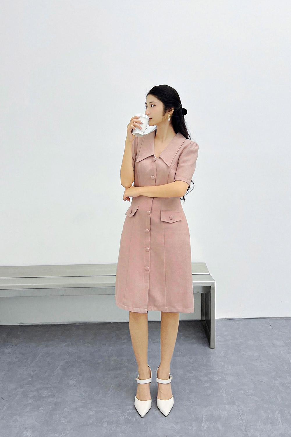 Đầm sơ mi công sở phối túi giả