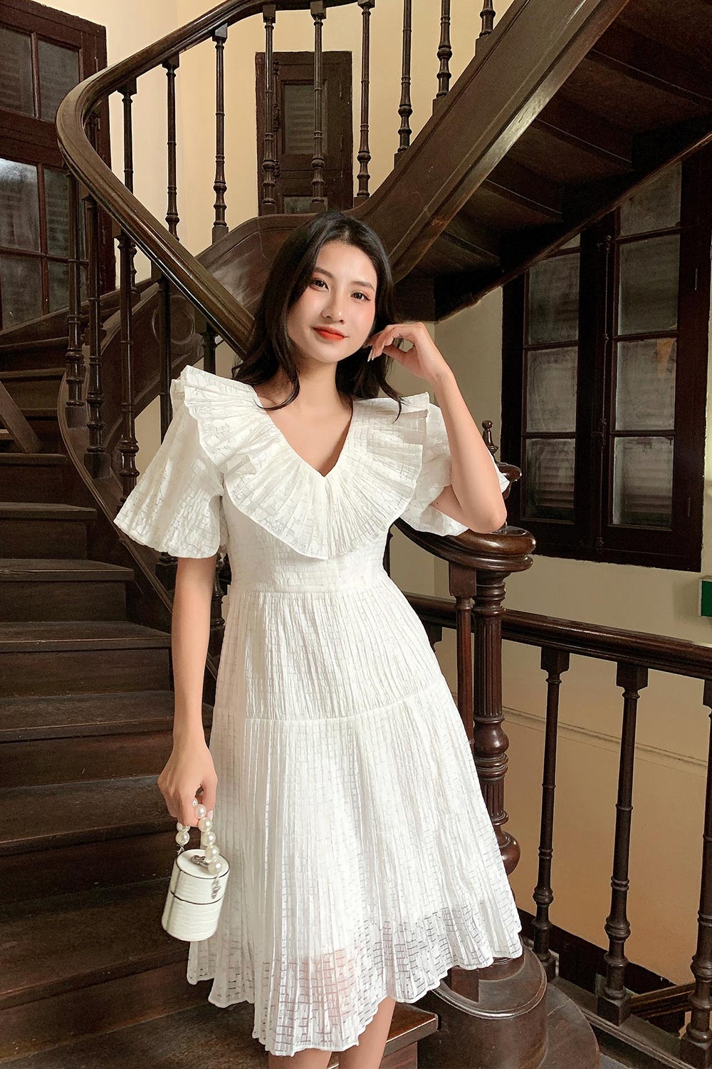 Đầm trắng dáng xòe cổ viền bèo tay phồng KK120-36 | Thời trang ...