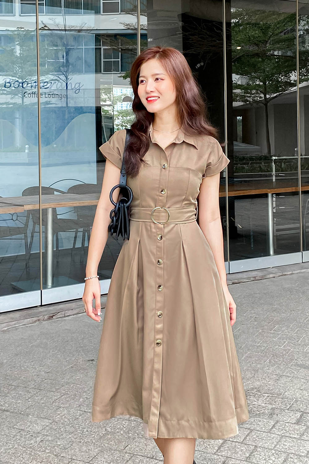 Đầm xòe sơ mi công sở phối đai eo