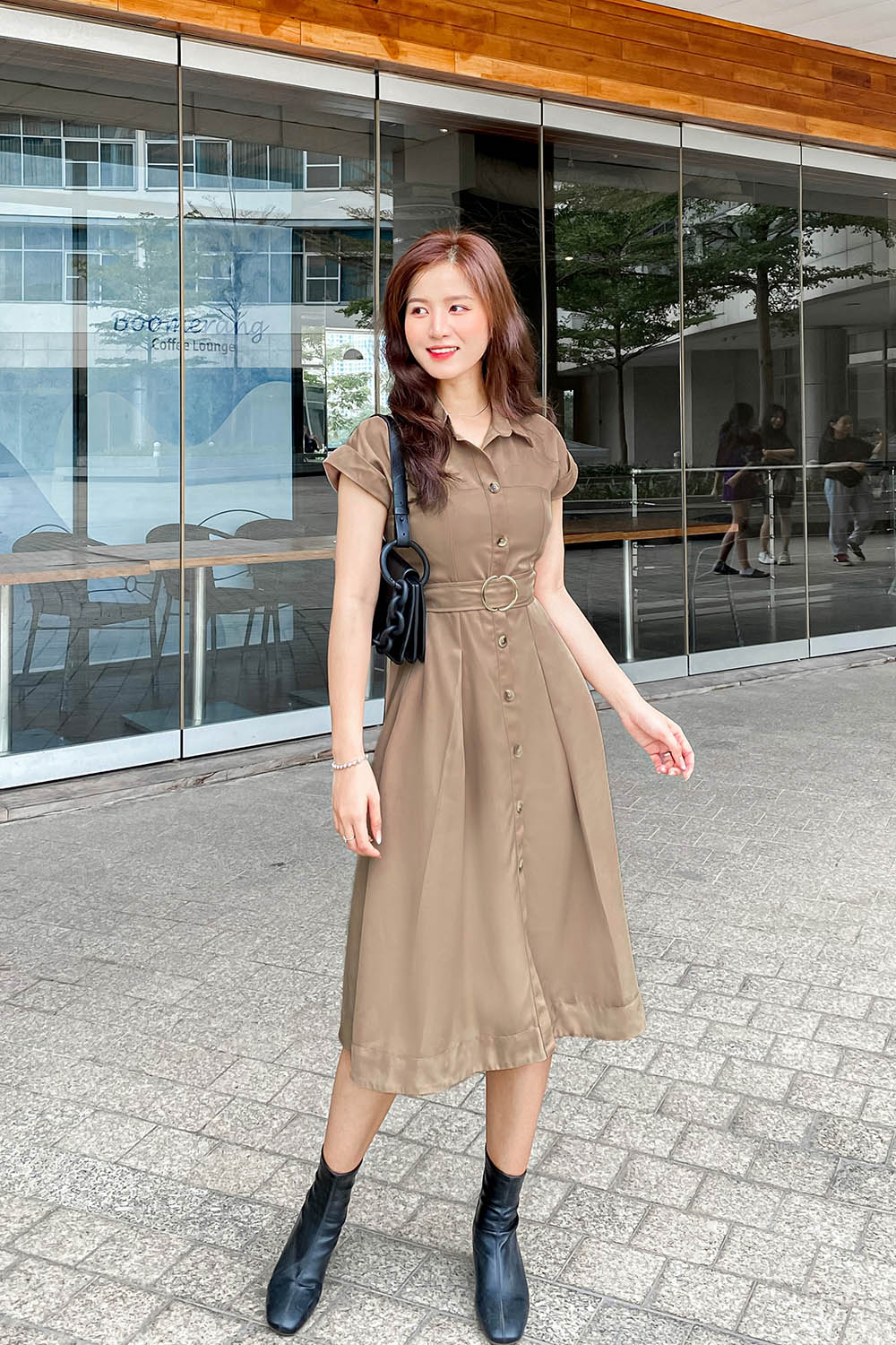 Đầm xòe sơ mi công sở phối đai eo