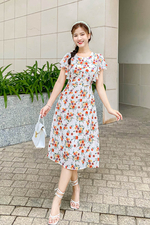 Đầm xòe hoa công sở tay cánh tiên
