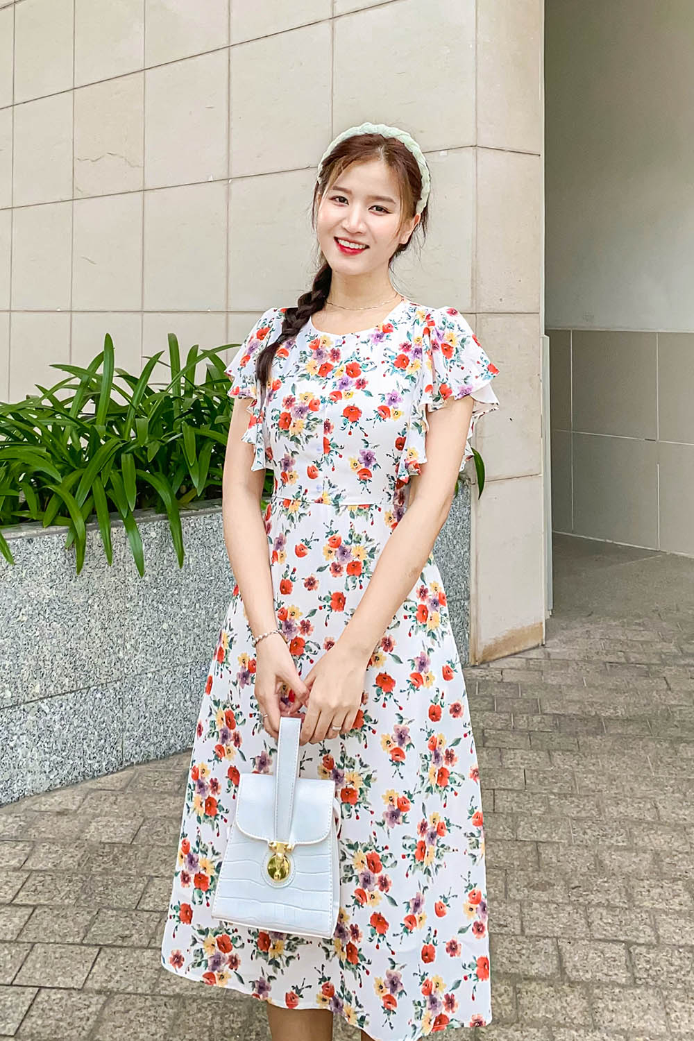 Đầm xòe hoa công sở tay cánh tiên