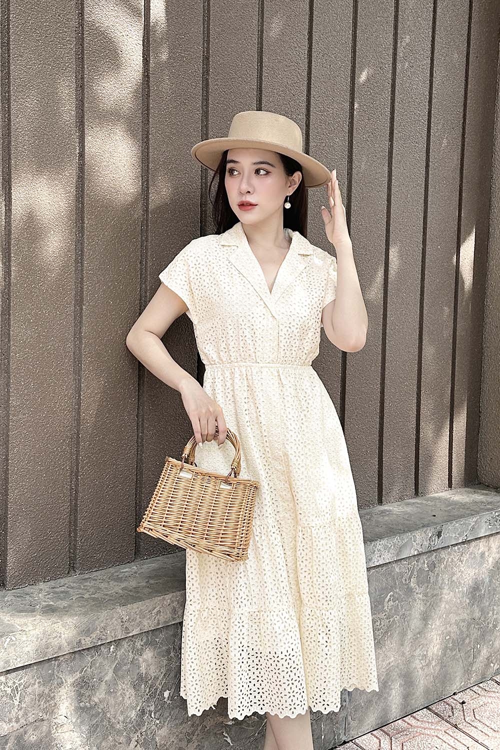 Đầm xòe midi cổ đan tông