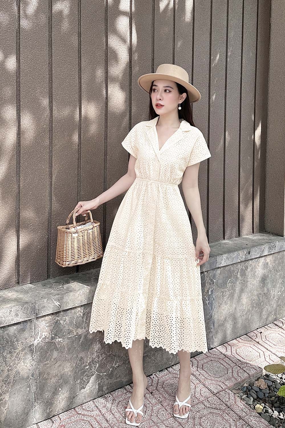 Đầm xòe midi cổ đan tông