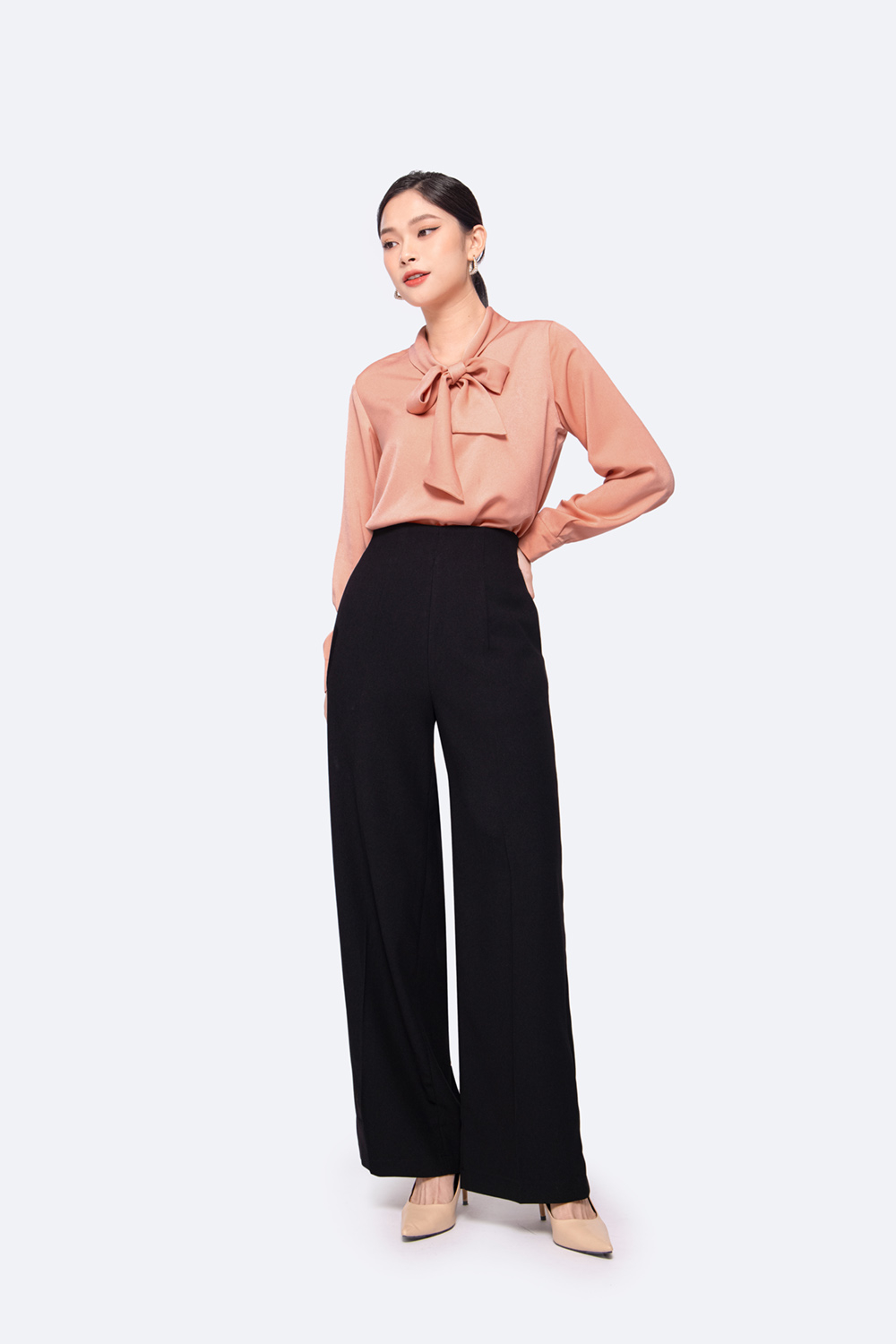 Áo blouse lụa kiểu nữ cổ phối nơ