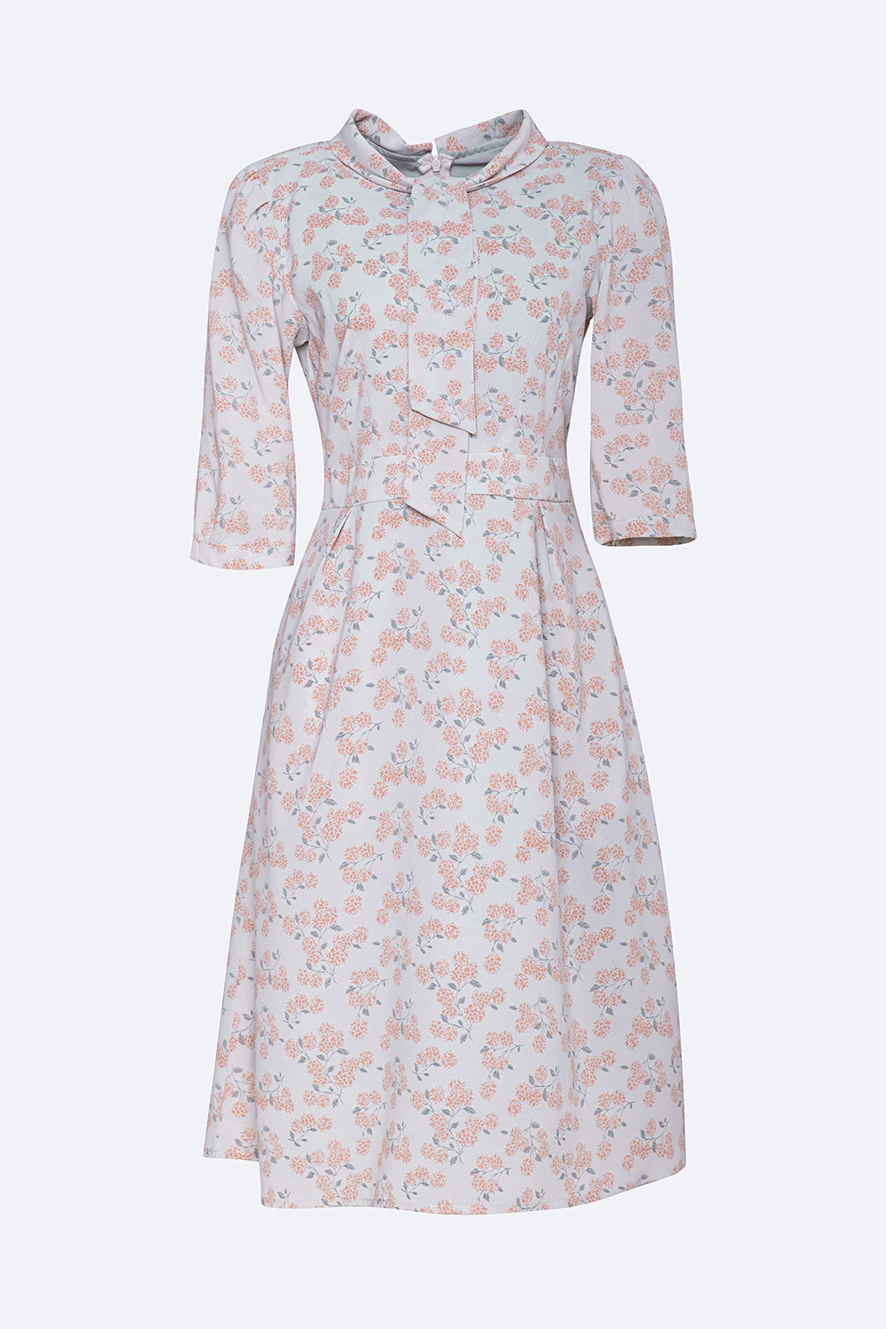 Đầm hoa dáng xòe tay lửng cổ nơ