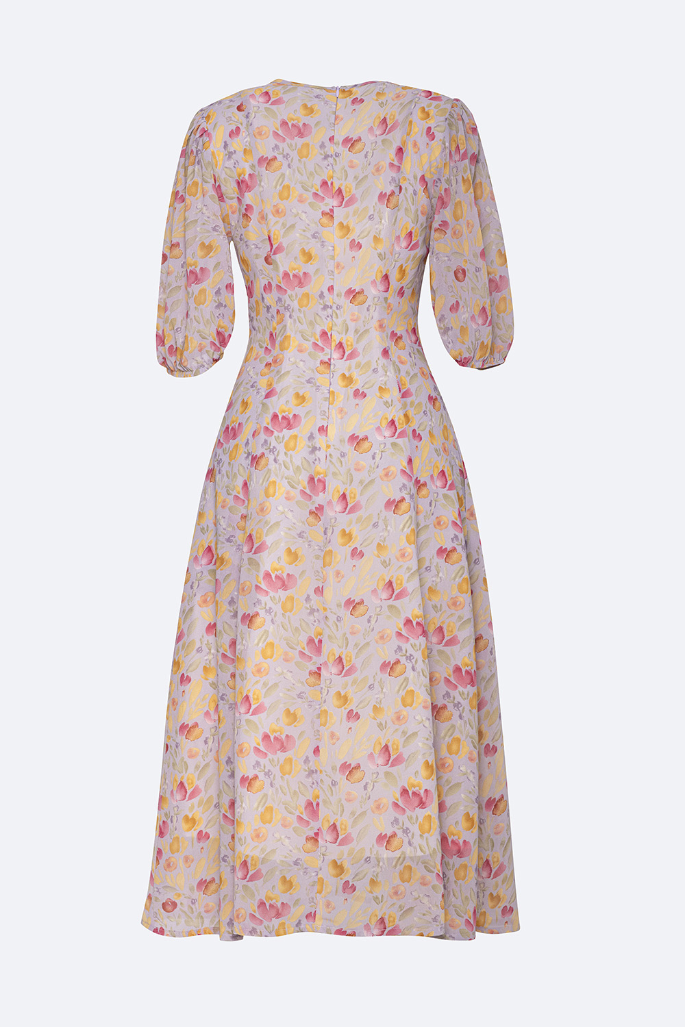 Đầm hoa dáng xòe dài qua gối phối nút