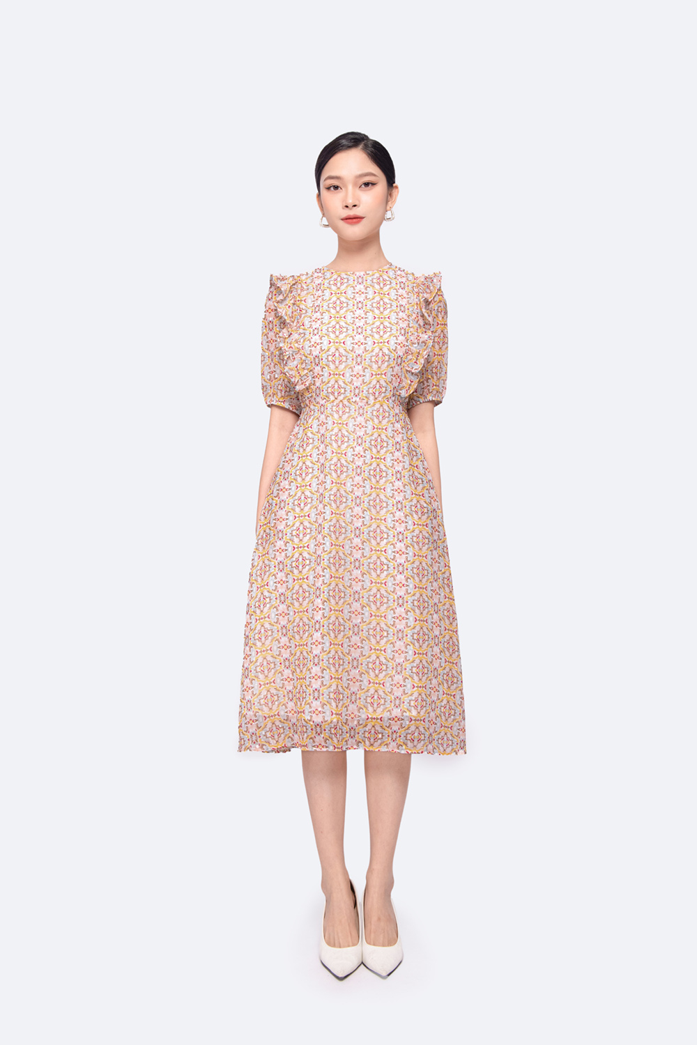 Đầm chữ a họa tiết nhiều màu phối bèo