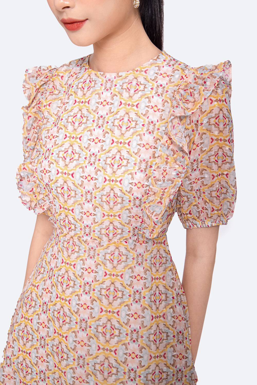 Đầm chữ a họa tiết nhiều màu phối bèo