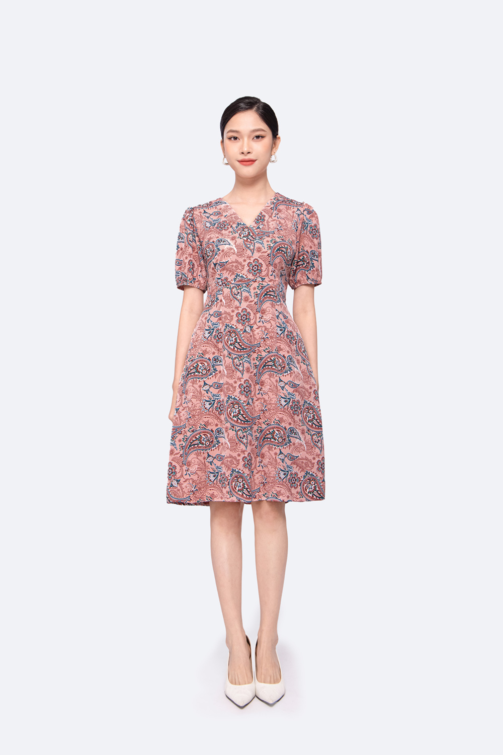 Đầm công sở họa tiết dáng chữ A cổ V