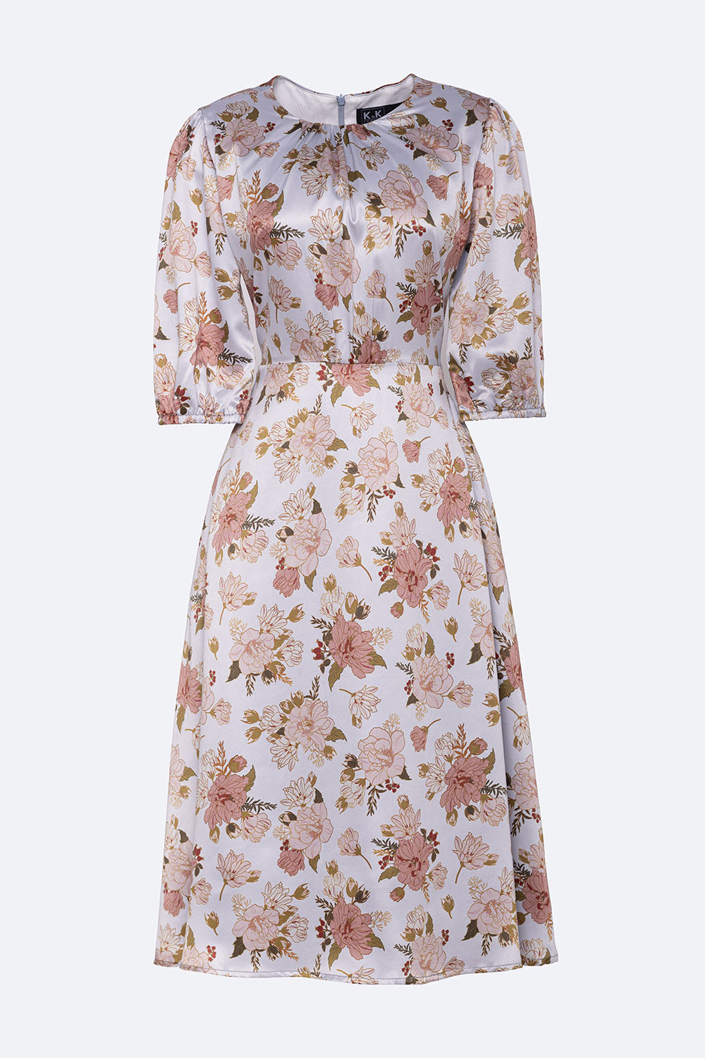 Đầm lụa hoa dáng xòe cổ tròn tay lửng