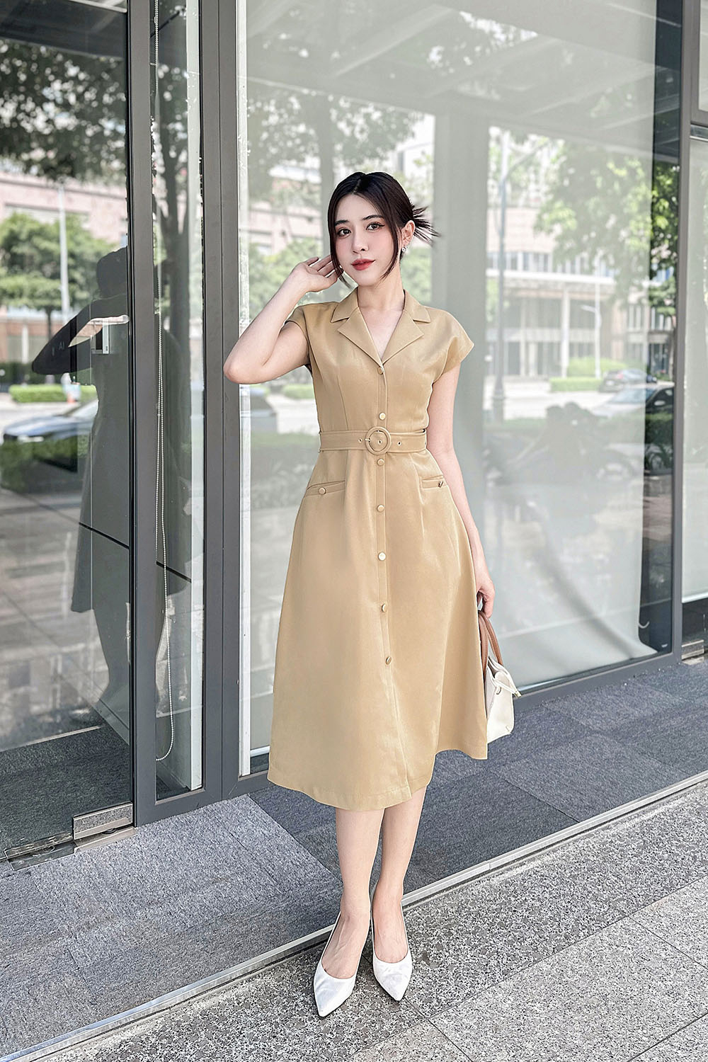 Đầm sơ mi công sở phối đai eo