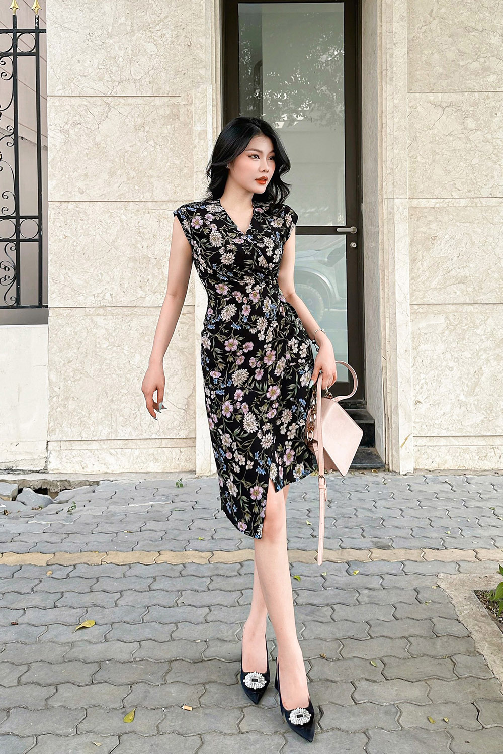 Đầm quấn wrap dress họa tiết hoa cổ tim