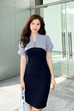 Đầm đen công sở dáng ôm nhẹ phối màu