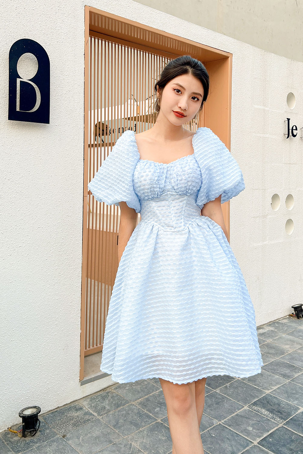 Váy xanh cổ tim đầm cúc bọc tay bồng xinh xăn hàng thiết kế chuẩn size  SML-Minxy shop - Tìm Voucher