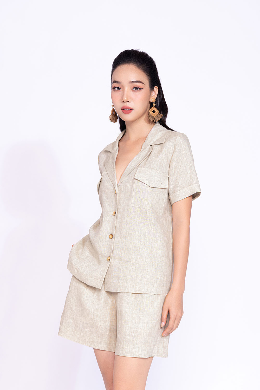 Áo kiểu nữ cổ đan tông tay ngắn