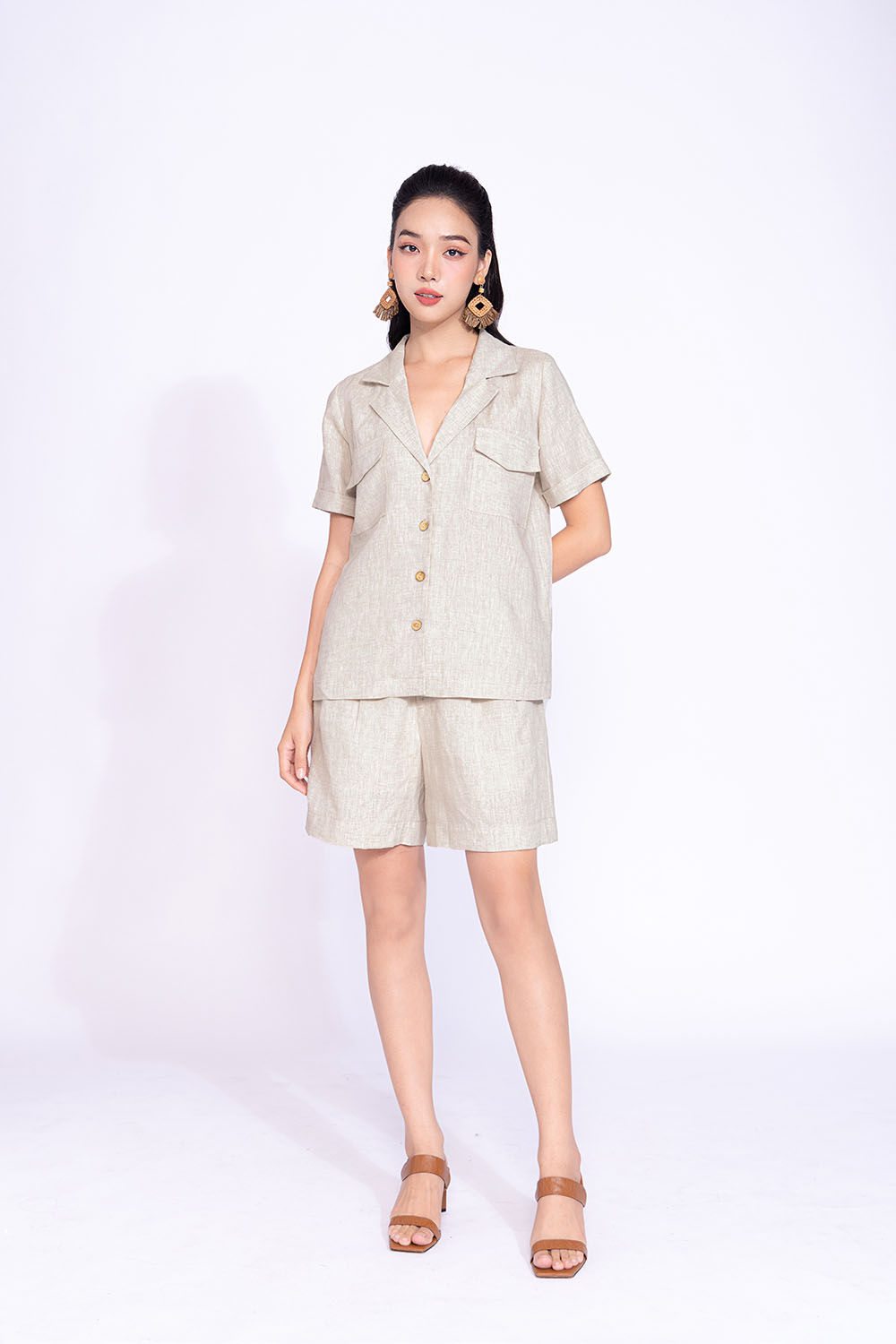 Áo kiểu nữ cổ đan tông tay ngắn