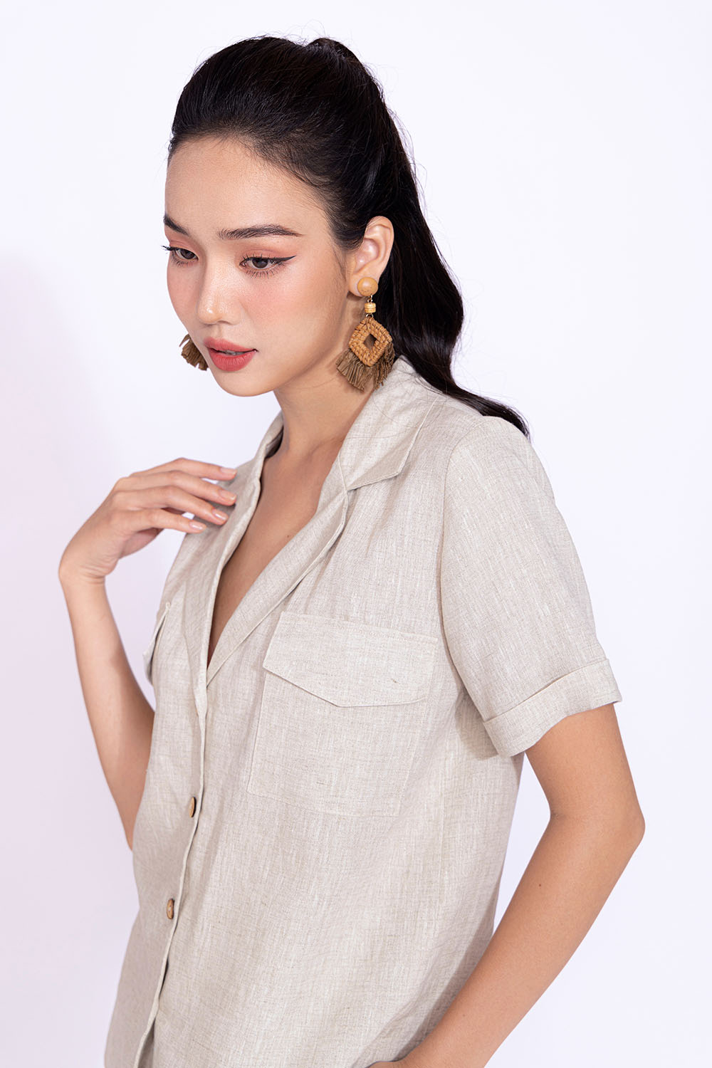 Áo kiểu nữ cổ đan tông tay ngắn