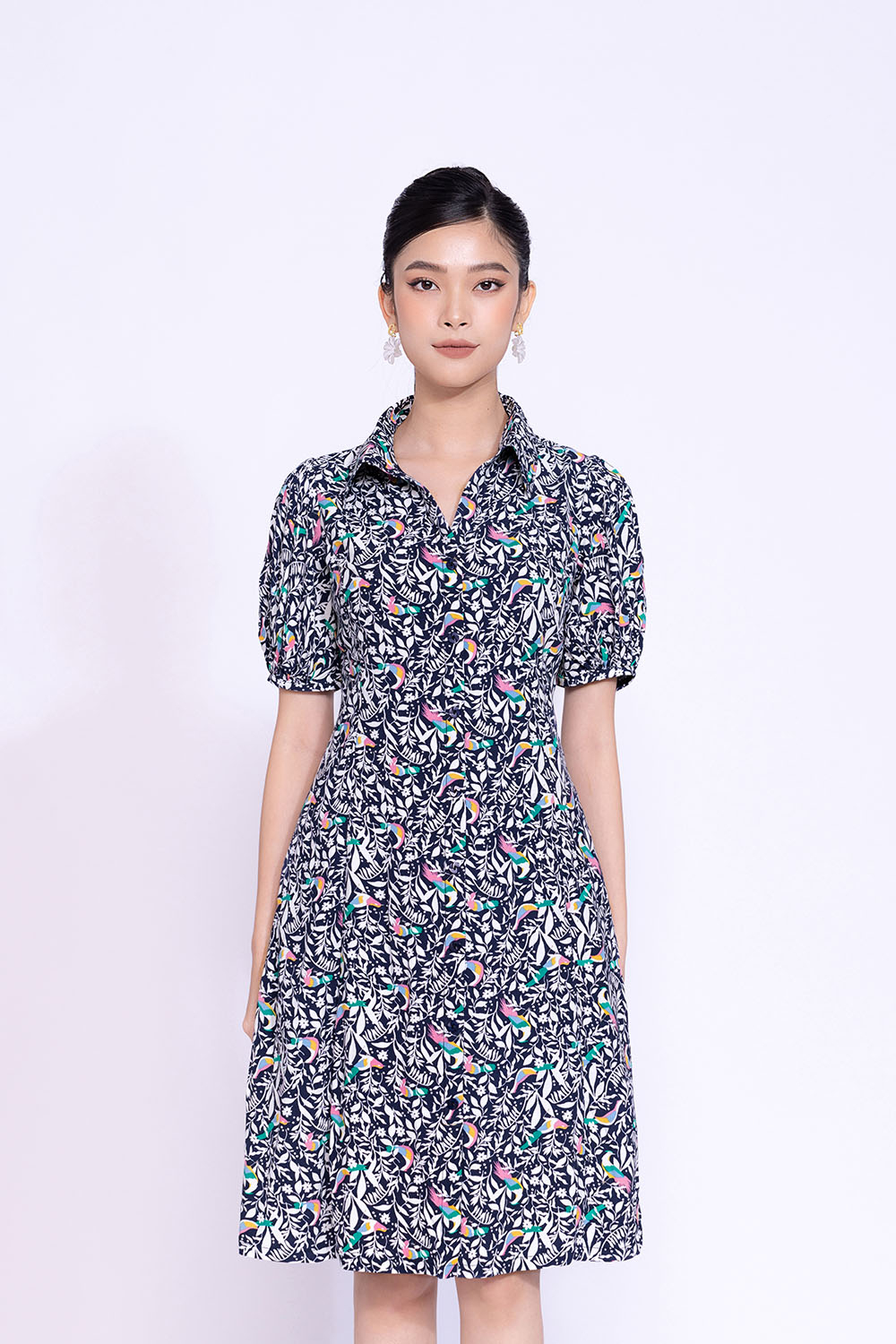 Đầm sơ mi công sở họa tiết hoa