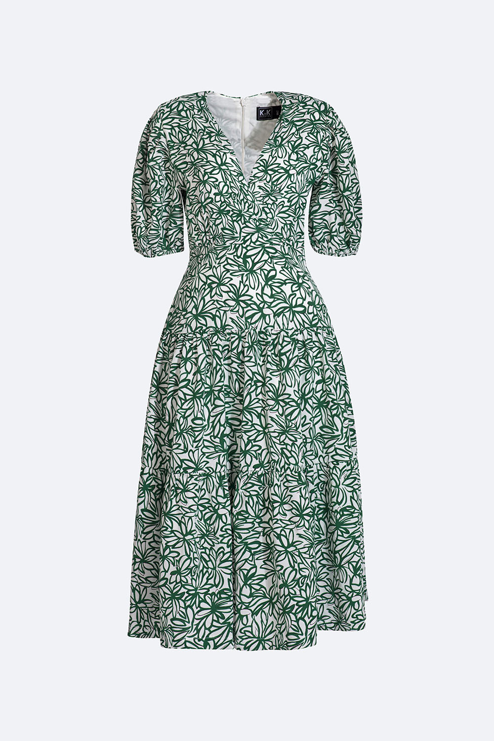 Đầm xòe hạ eo họa tiết hoa cổ V