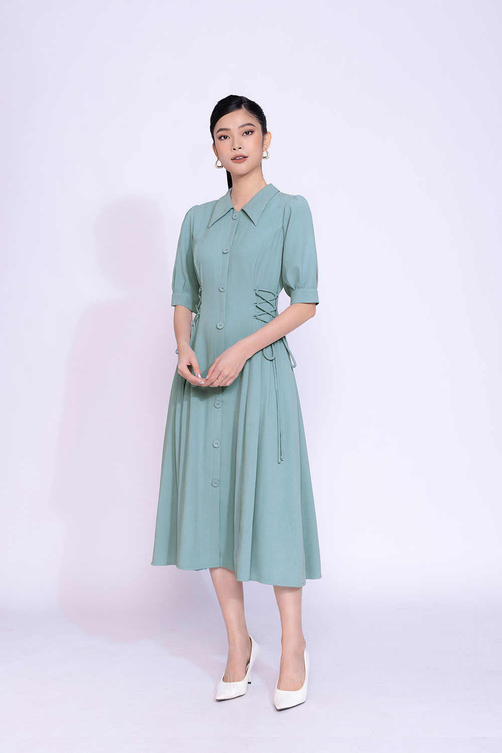 Đầm sơ mi dáng xòe phối nơ eo