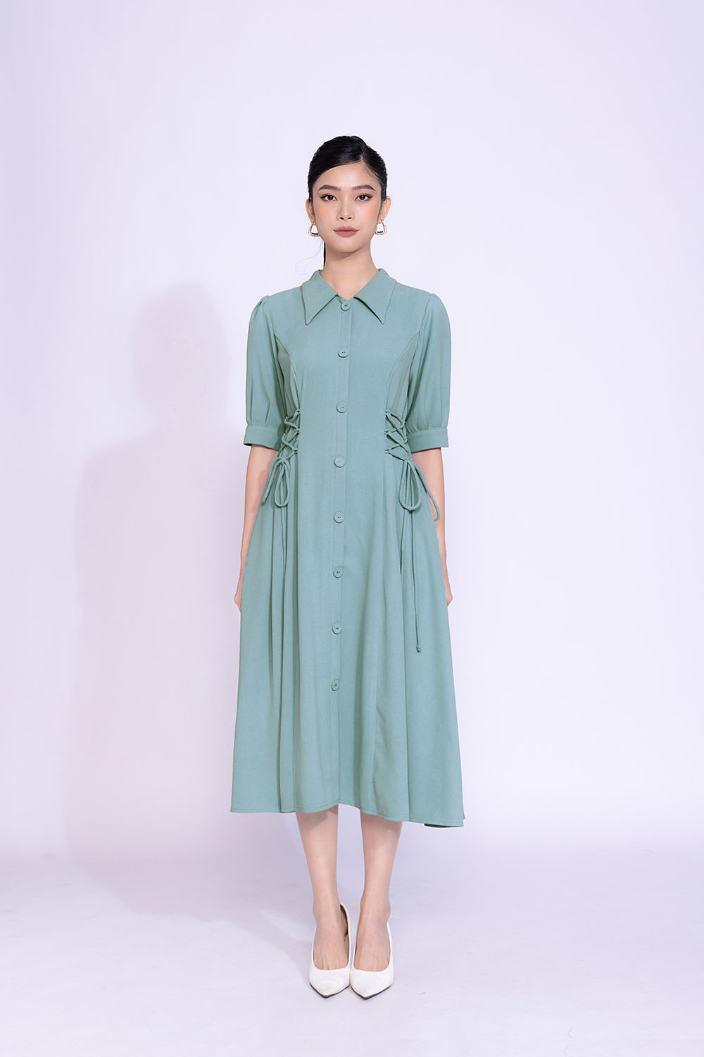 Đầm sơ mi dáng xòe phối nơ eo