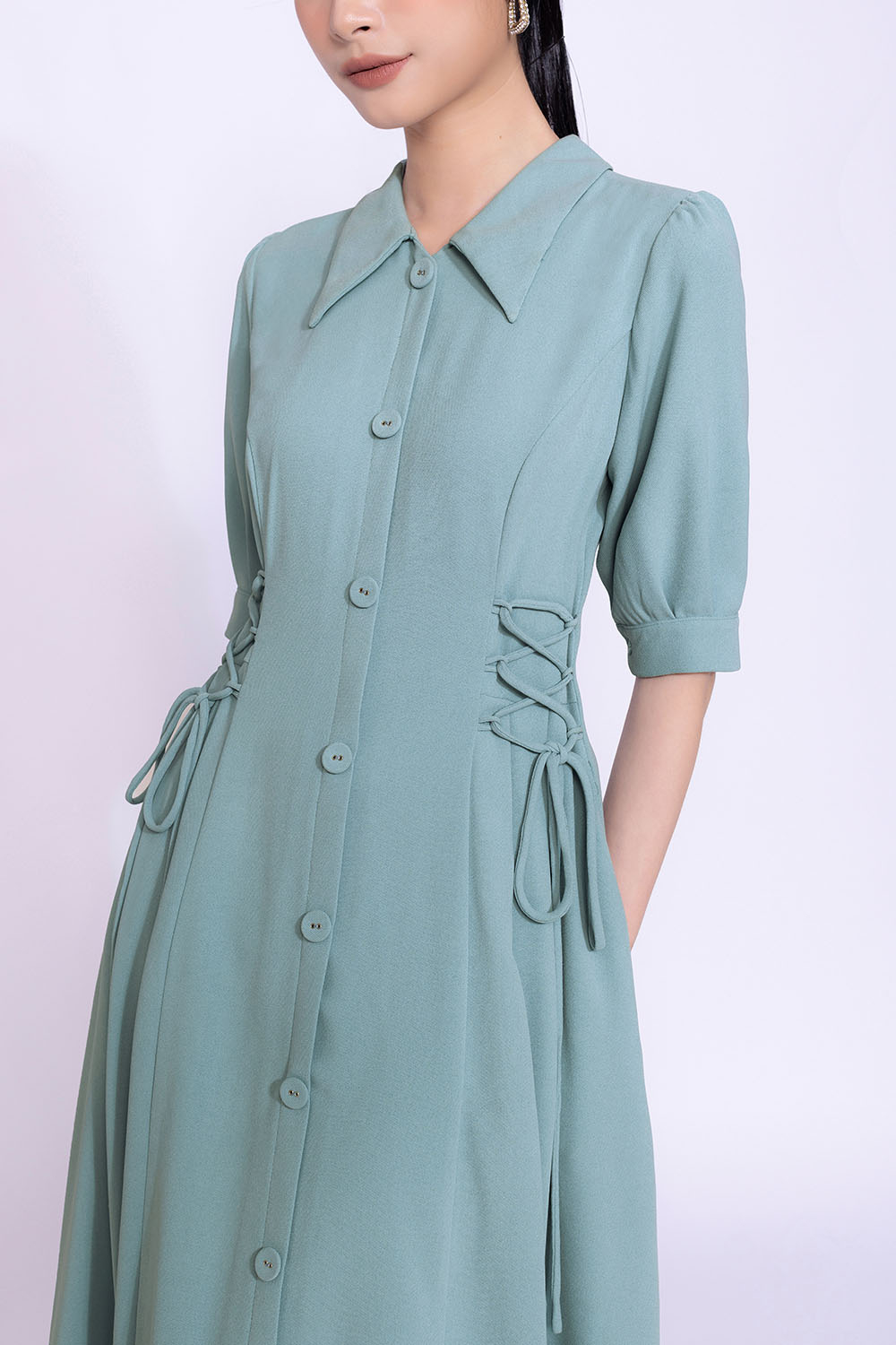 Đầm sơ mi dáng xòe phối nơ eo