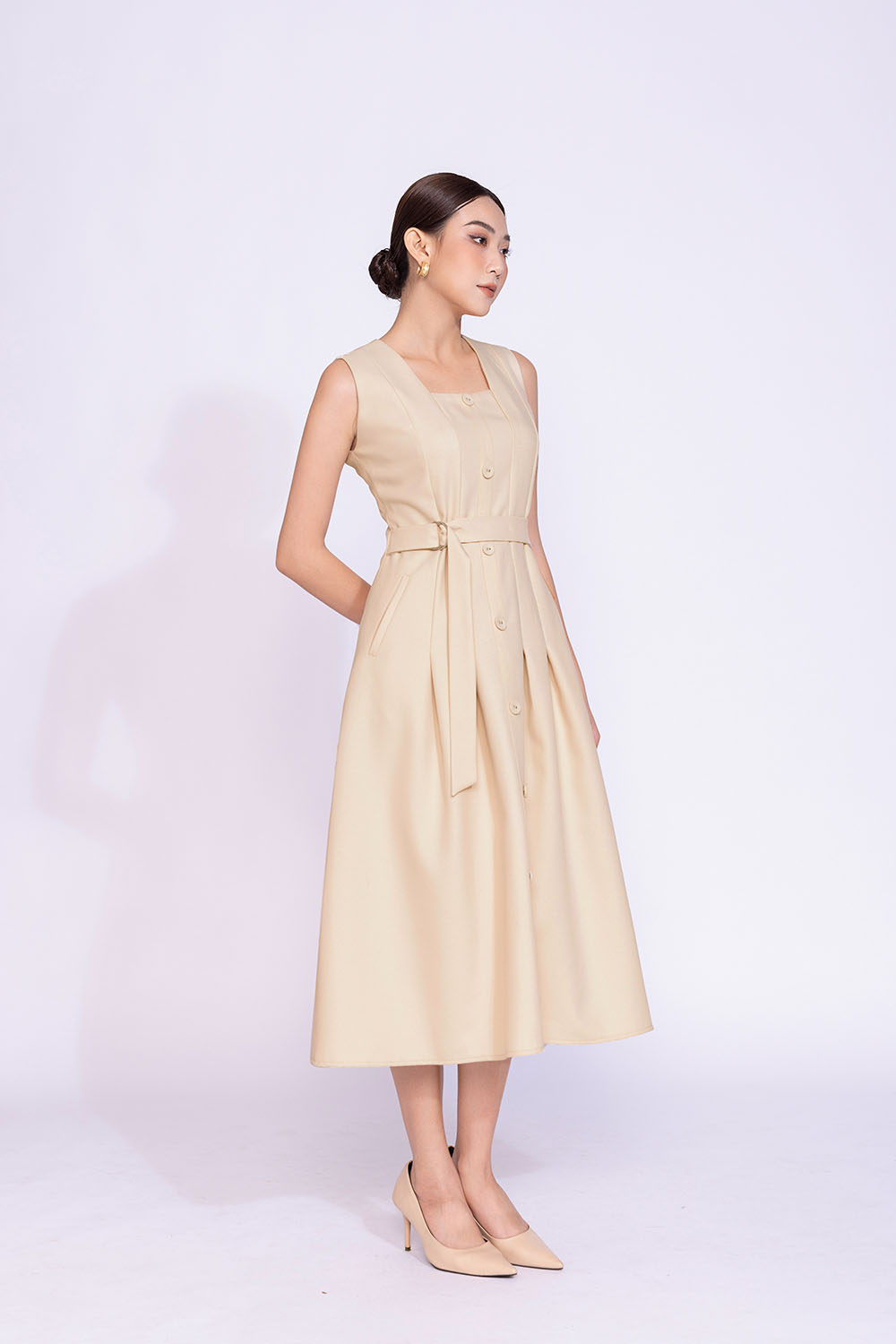 Đầm dự tiệc dáng midi xòe tùng váy xếp ly KK140-12