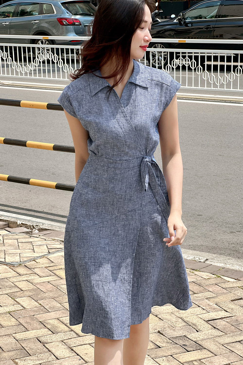 Đầm xòe cổ sơ mi phối nơ eo