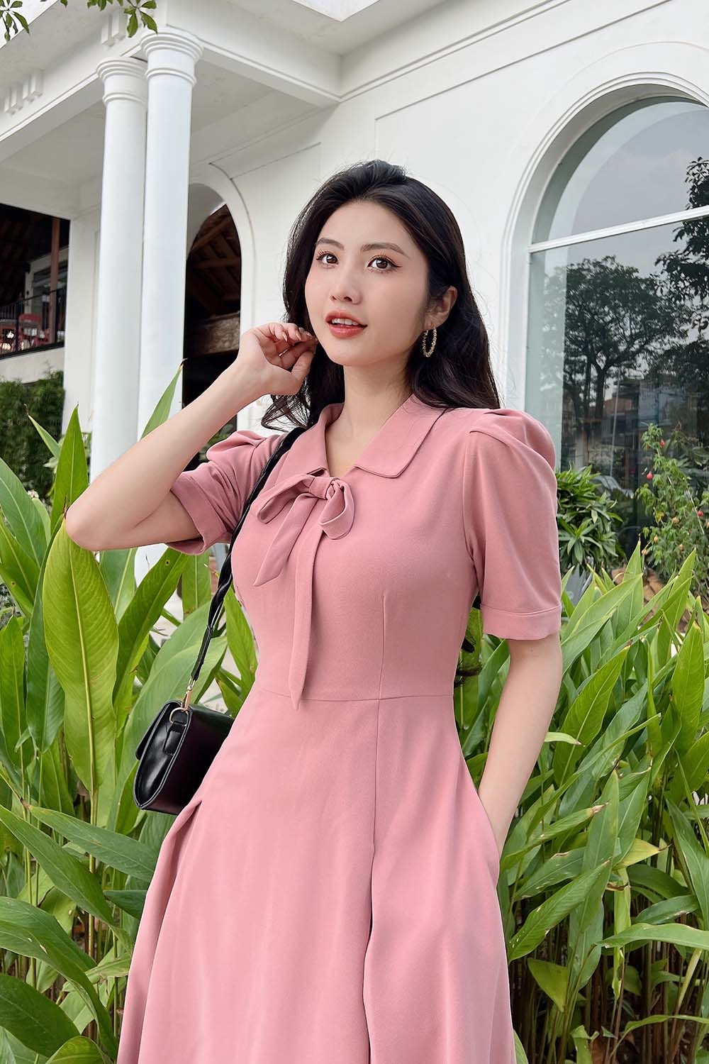 Đầm xòe công sở màu hồng cổ sen