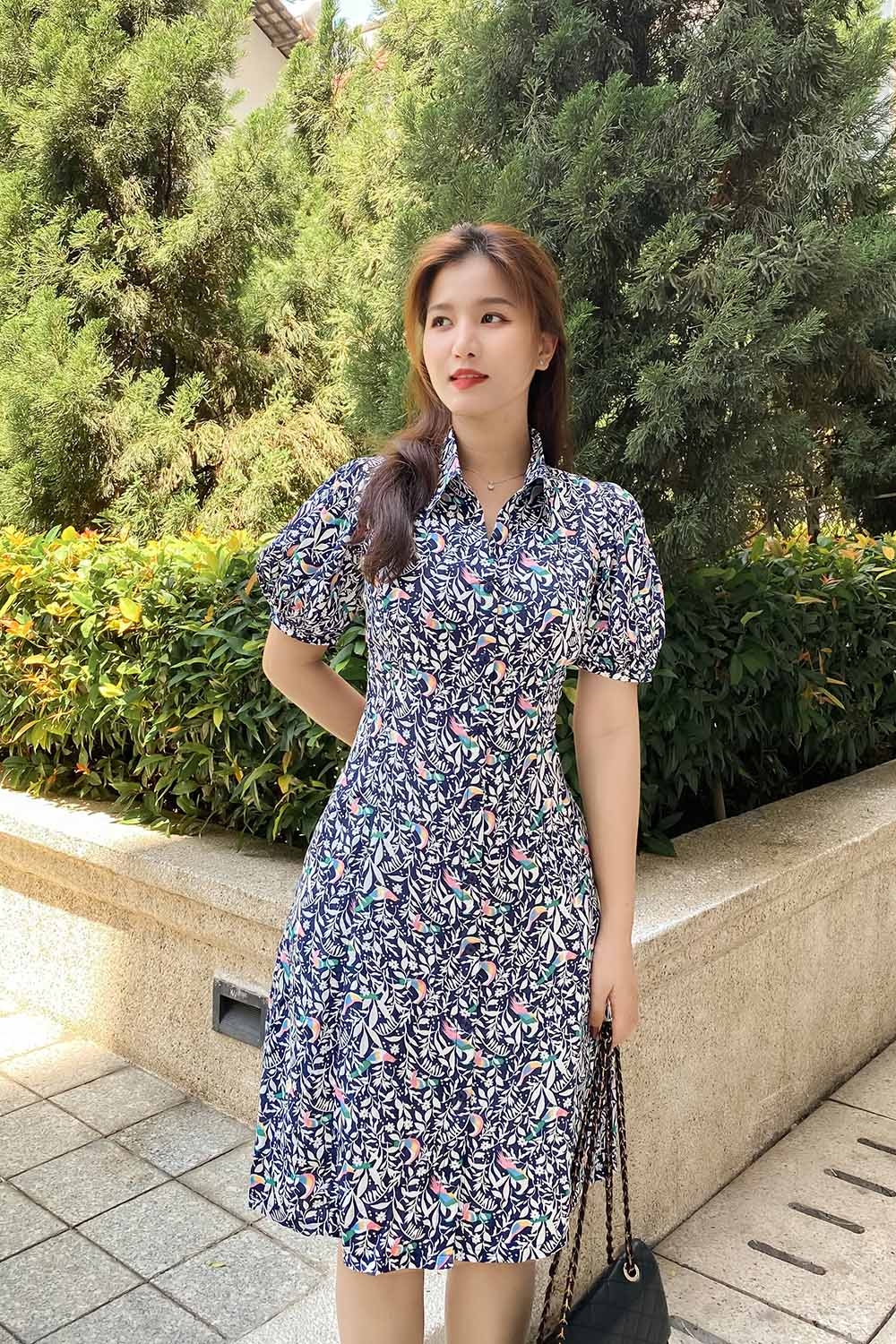 Đầm sơ mi công sở họa tiết hoa