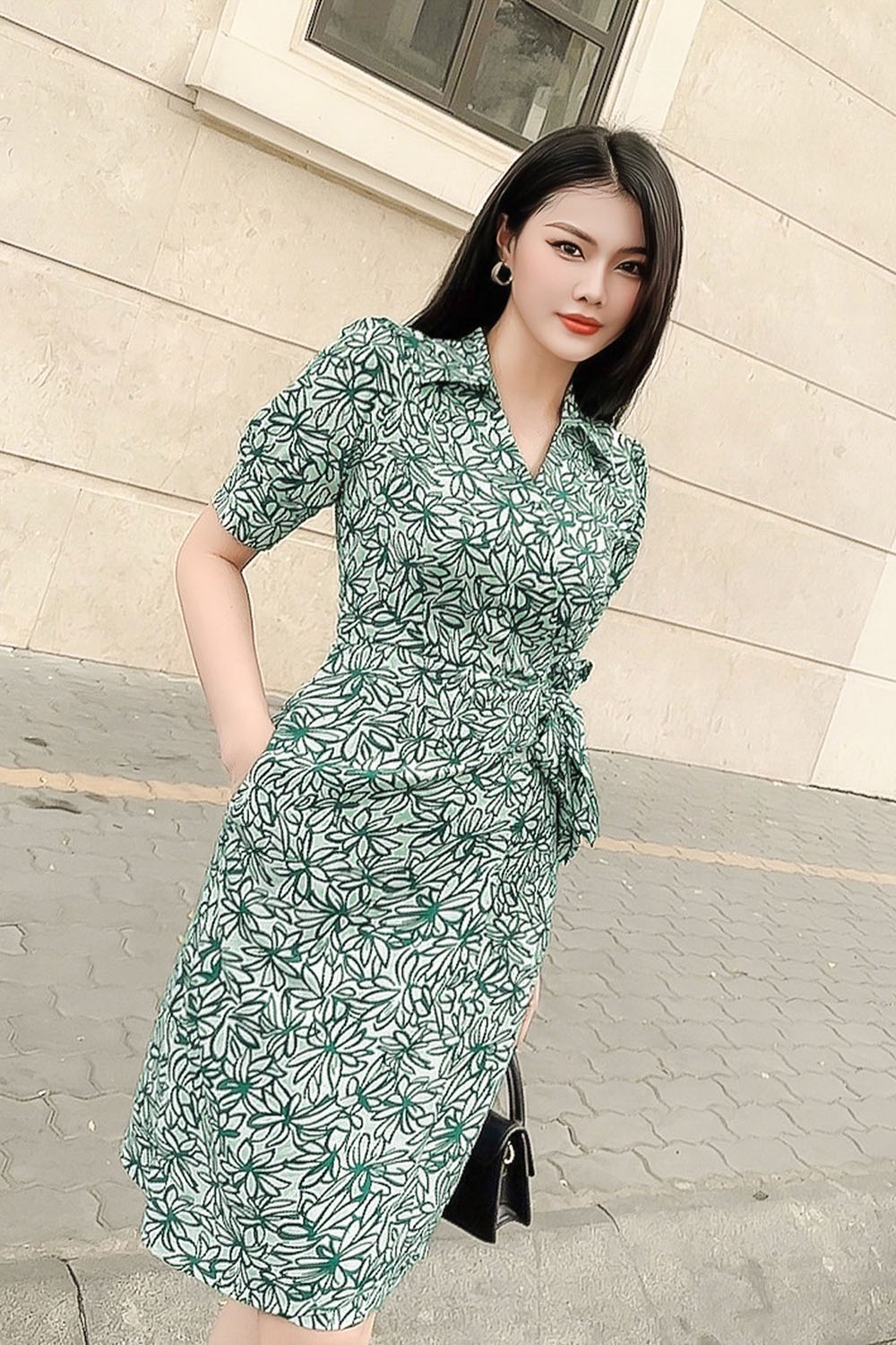 Đầm wrap dress họa tiết hoa eo thắt nơ