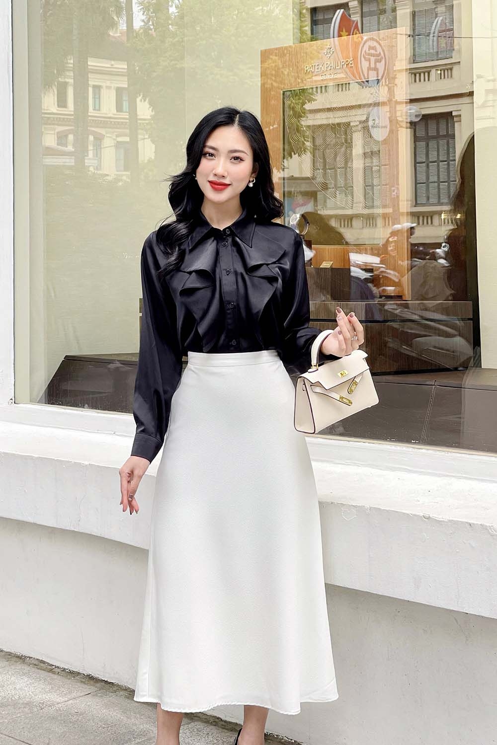 Áo sơ mi công sở màu đen phối bèo ASM12-25