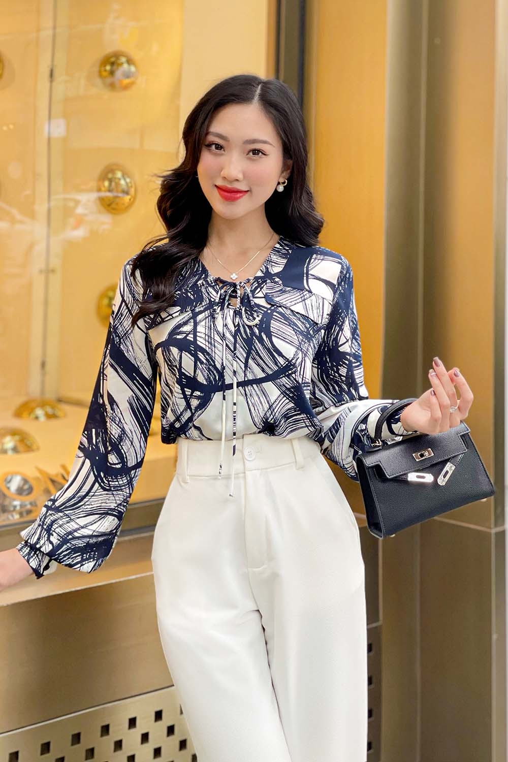 Áo kiểu sơ mi nữ công sở họa tiết